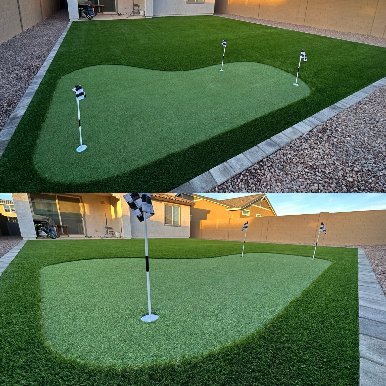 Backyard putting green turf installation